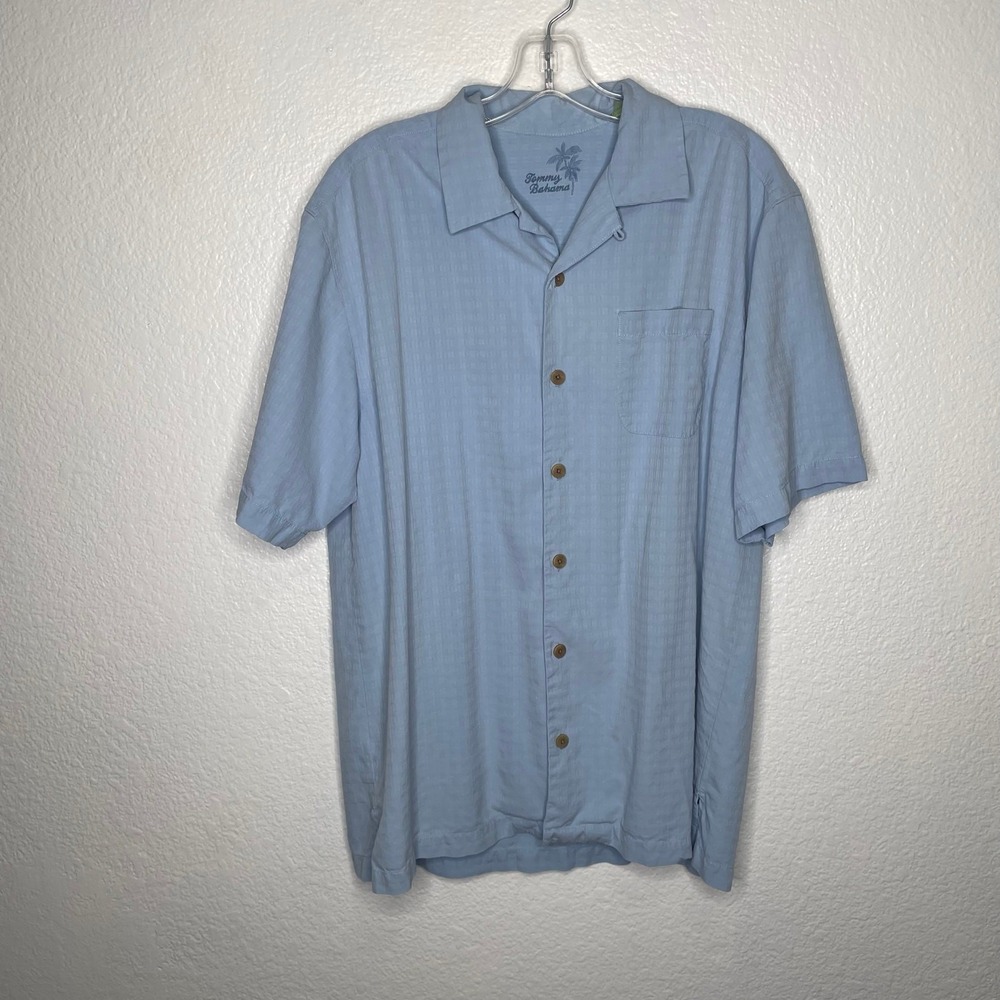 Tommy Bahama Mens Medium Blue 100% Silk Short Sleeve Button Down Camp Shirt